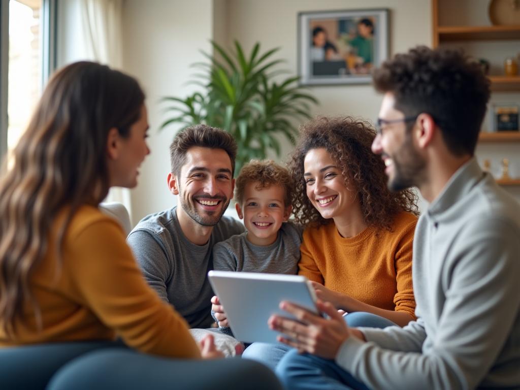 Familia feliz durante sesión de terapia online