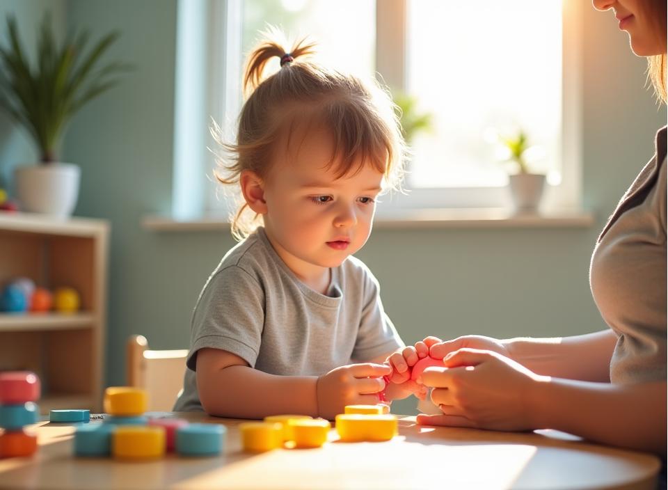 Niño en sesión de terapia conductual con actividades lúdicas
